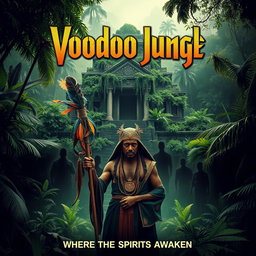 A dramatic voodoo jungle movie poster featuring an ancient temple overgrown with lush green foliage, set in a dense jungle