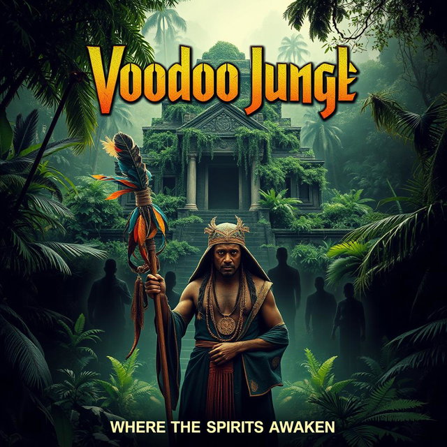 A dramatic voodoo jungle movie poster featuring an ancient temple overgrown with lush green foliage, set in a dense jungle