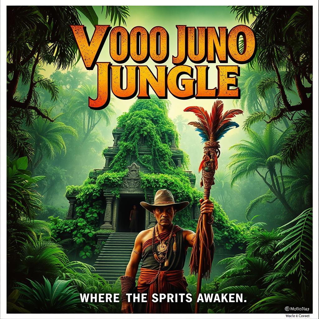 A dramatic voodoo jungle movie poster featuring an ancient temple overgrown with lush green foliage, set in a dense jungle