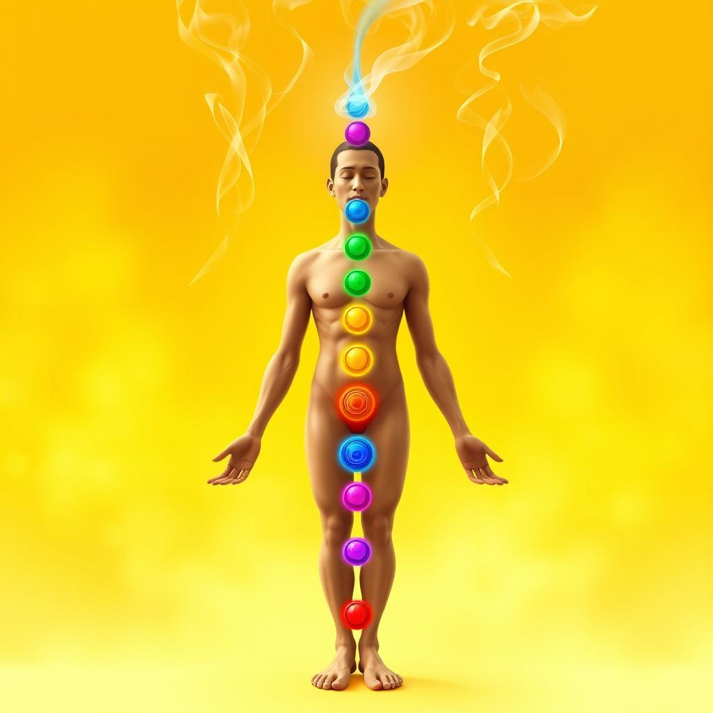 A detailed depiction of the seven chakras aligned on a human body, each chakra represented with vibrant colors and energy flowing through them