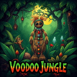 An artistic voodoo jungle poster featuring a vibrant, mystical jungle scene