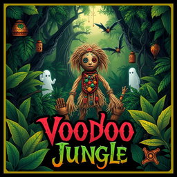 An artistic voodoo jungle poster featuring a vibrant, mystical jungle scene