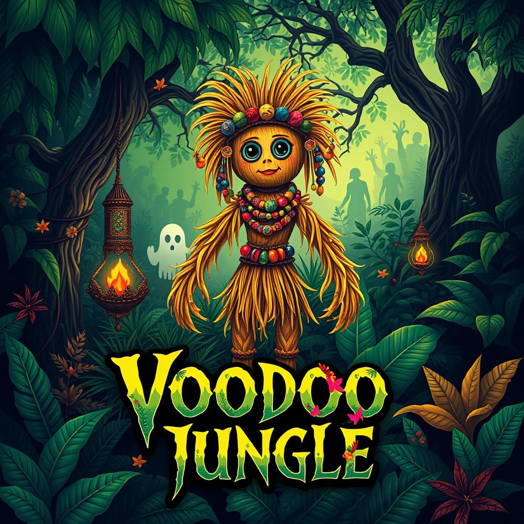 An artistic voodoo jungle poster featuring a vibrant, mystical jungle scene