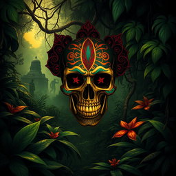 A captivating voodoo jungle movie poster featuring a large, intricately designed skull at the center, adorned with vibrant colors and patterns typical of voodoo art