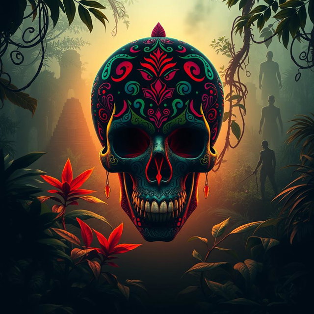 A captivating voodoo jungle movie poster featuring a large, intricately designed skull at the center, adorned with vibrant colors and patterns typical of voodoo art