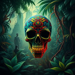 A captivating voodoo jungle movie poster featuring a large, intricately designed skull at the center, adorned with vibrant colors and patterns typical of voodoo art