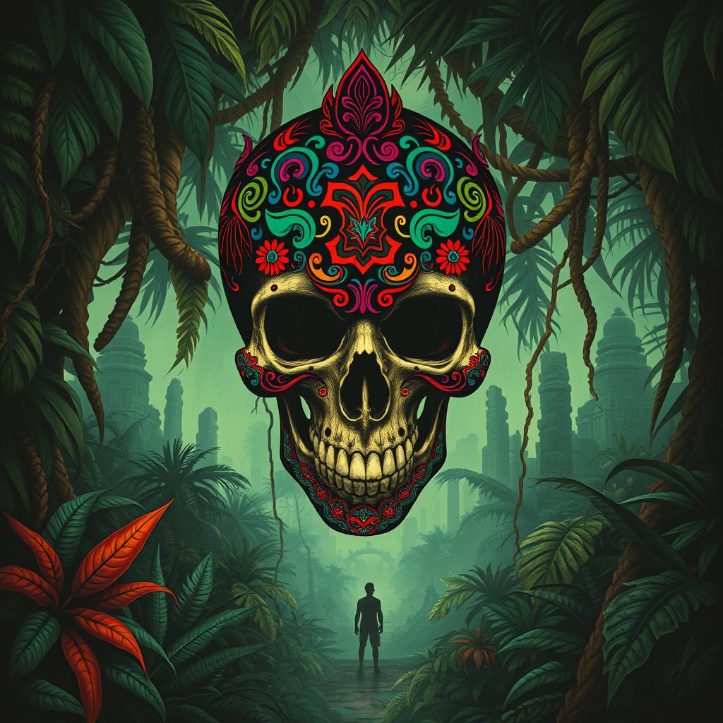A captivating voodoo jungle movie poster featuring a large, intricately designed skull at the center, adorned with vibrant colors and patterns typical of voodoo art