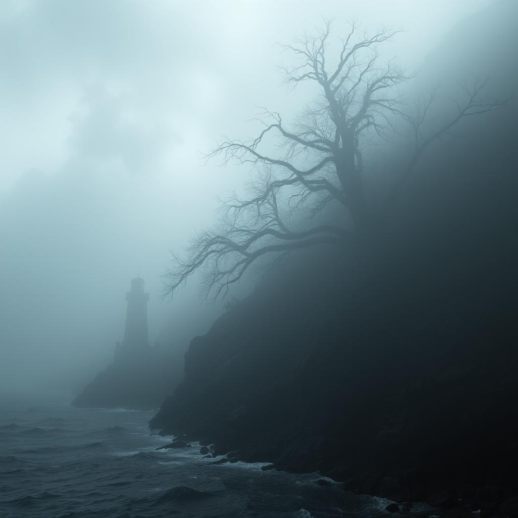 A hauntingly eerie island enveloped in thick, creeping fog that swirls ominously around twisted, gnarled trees