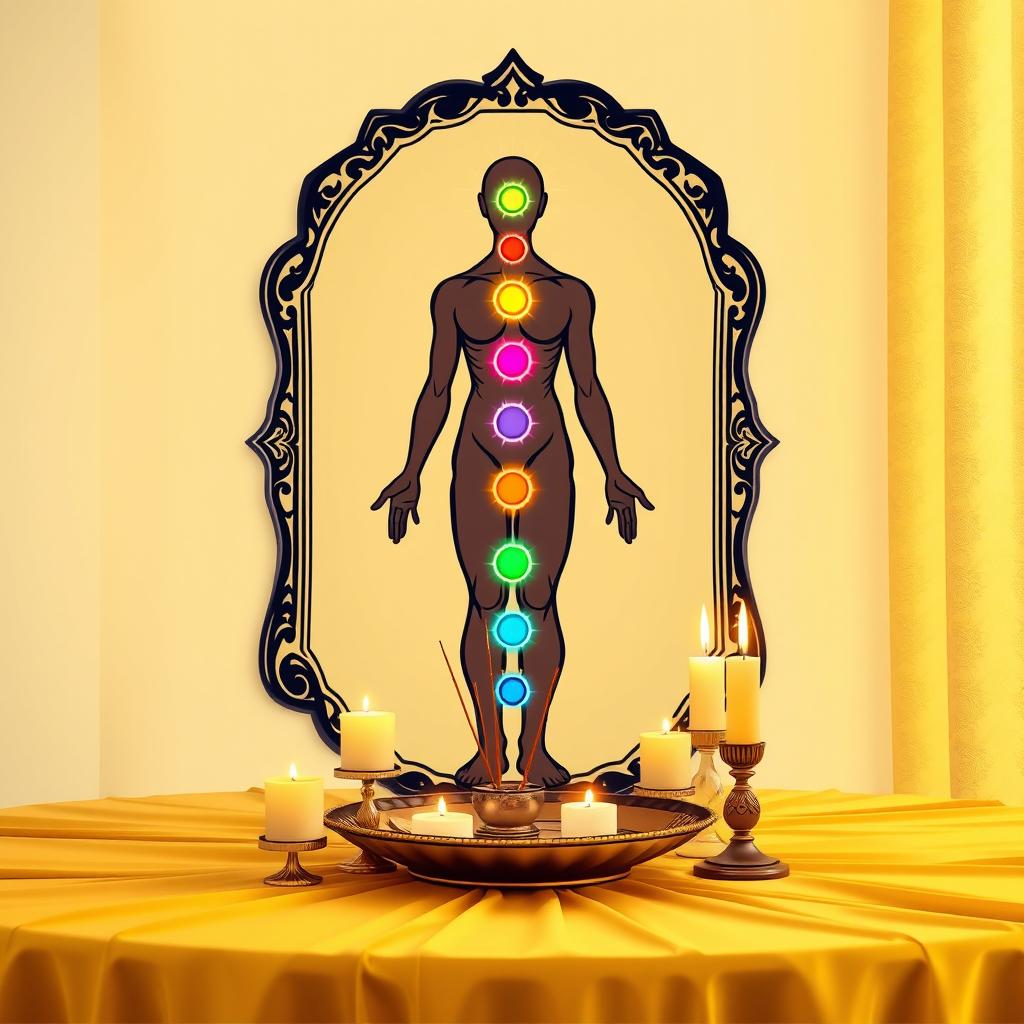 A stylized illustration of a human body displaying the seven chakras, each chakra represented by brightly colored energy centers along the spine, radiating vibrant light