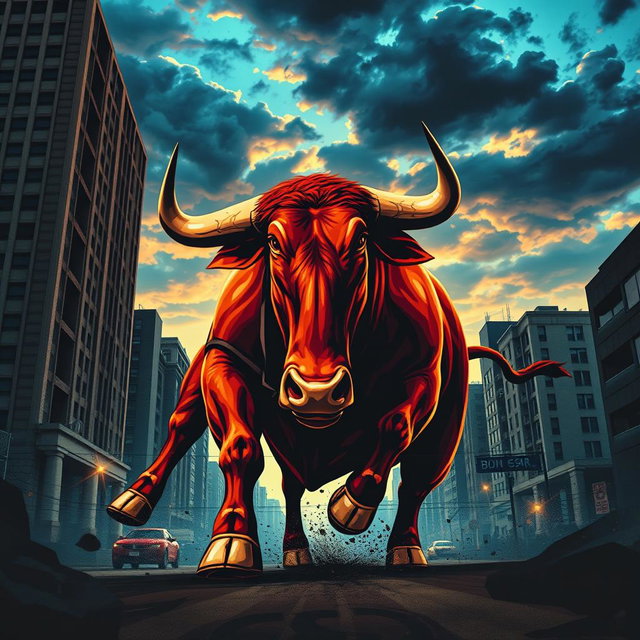 An urban movie poster featuring a powerful charging bull, depicted in a dynamic pose