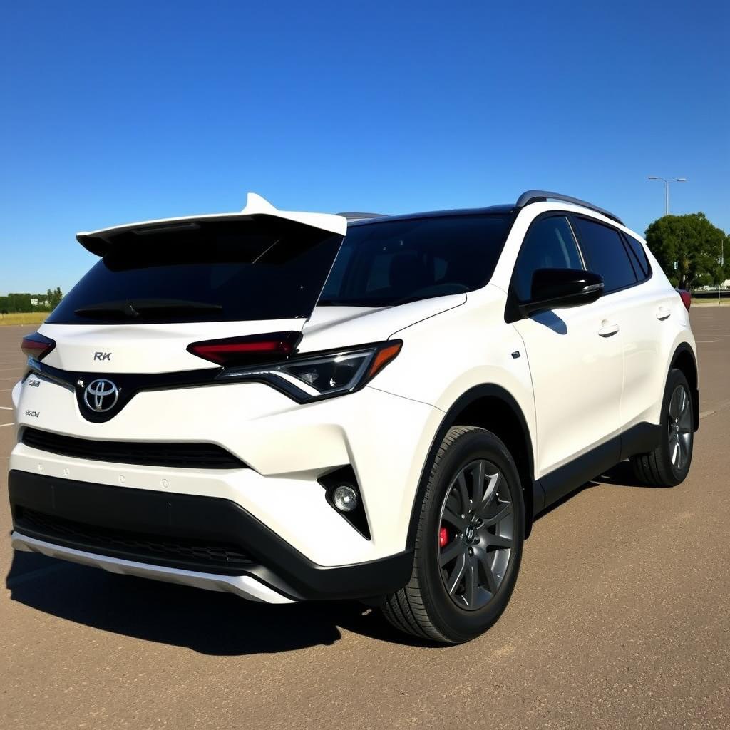 A stylish and sleek Toyota RAV4, featuring a stunning combination of pearlescent white and glossy black paint