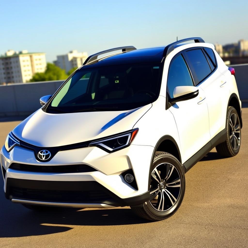 A 2017 Toyota RAV4 in a stunning pearl white color with a black roof, featuring black detailing on the windows, plastic parts, and rims