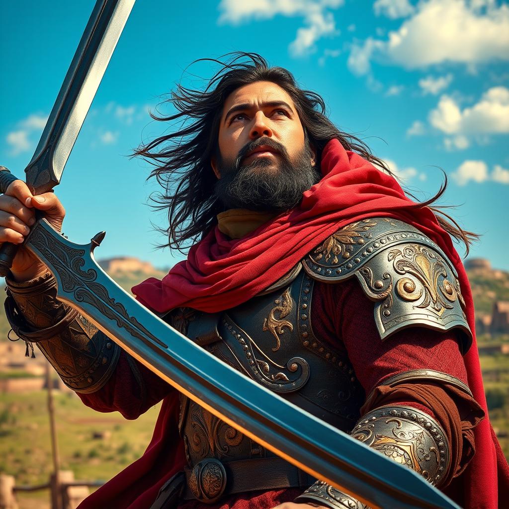 A powerful portrait of an Islamic warrior named Abbas Khan, dressed in ornate traditional armor, wielding a beautifully designed curved sword