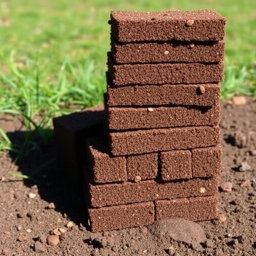 A visually appealing stack of stackable dirt blocks, showcasing their rectangular, uniform shapes with rich brown tones and various textures