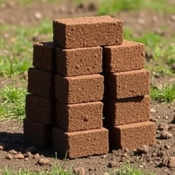A visually appealing stack of stackable dirt blocks, showcasing their rectangular, uniform shapes with rich brown tones and various textures
