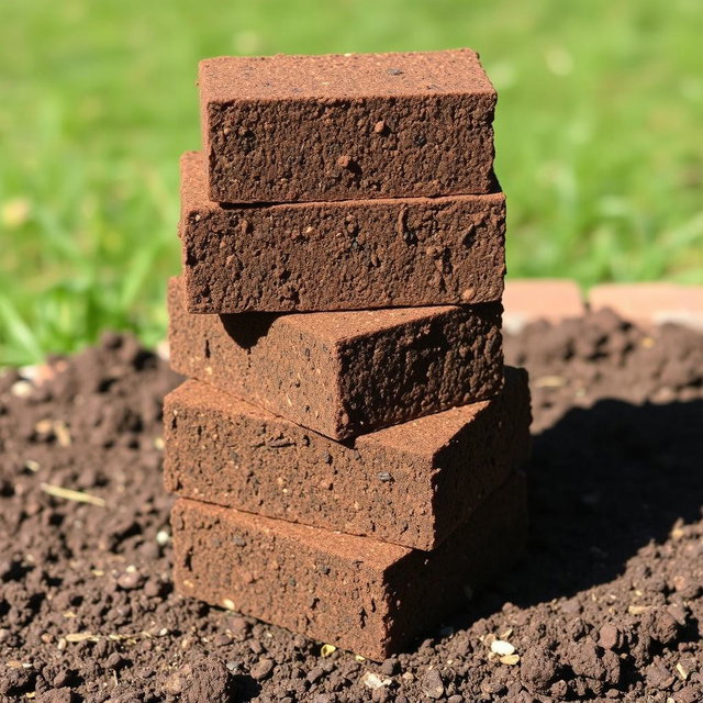 A visually appealing stack of stackable dirt blocks, showcasing their rectangular, uniform shapes with rich brown tones and various textures