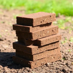 A visually appealing stack of stackable dirt blocks, showcasing their rectangular, uniform shapes with rich brown tones and various textures