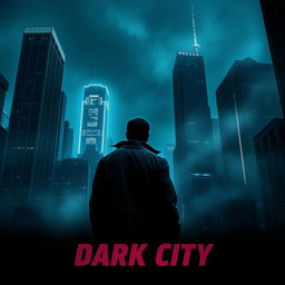 A dramatic urban movie poster titled 'Dark City', featuring a moody and atmospheric skyline at night