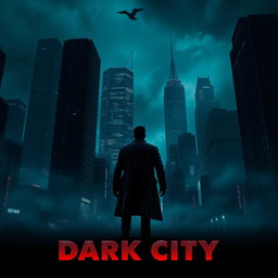 A dramatic urban movie poster titled 'Dark City', featuring a moody and atmospheric skyline at night