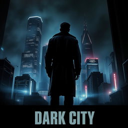 A dramatic urban movie poster titled 'Dark City', featuring a moody and atmospheric skyline at night