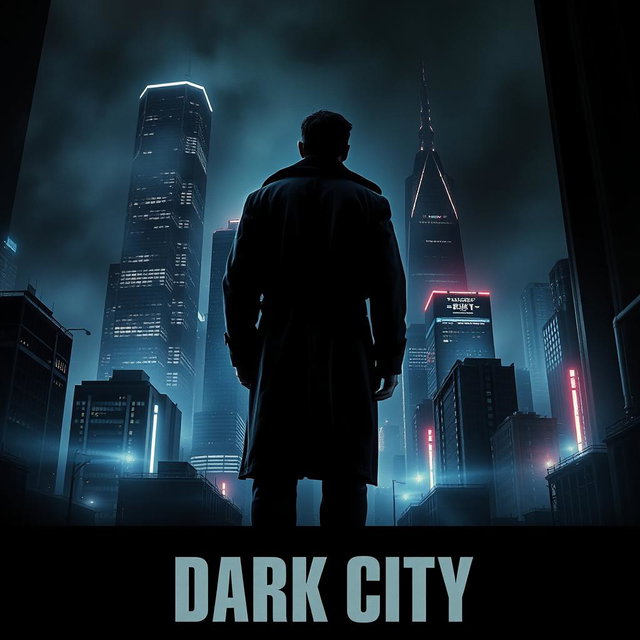 A dramatic urban movie poster titled 'Dark City', featuring a moody and atmospheric skyline at night