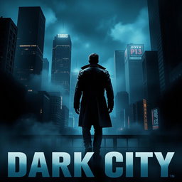 A dramatic urban movie poster titled 'Dark City', featuring a moody and atmospheric skyline at night