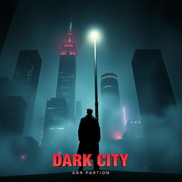 A movie poster for a film titled 'Dark City', featuring a shadowy, dystopian urban landscape at night