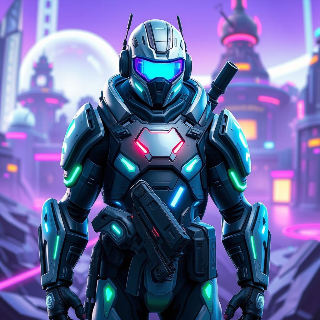 A futuristic Fortnite character, designed with high-tech armor and gadgets, featuring a sleek, aerodynamic silhouette
