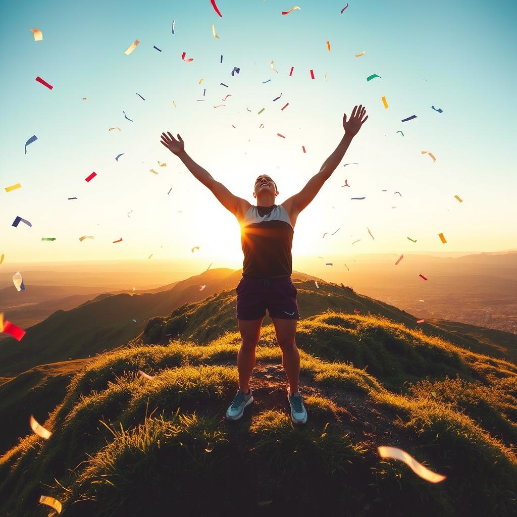 A triumphant scene showcasing a person celebrating a significant victory, standing on a hilltop with their arms raised in the air