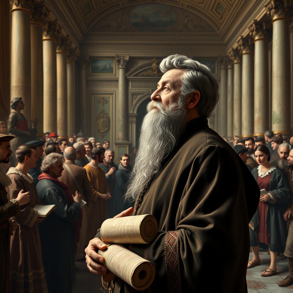 A historical scene depicting the essence of Machiavellian thought, set in a Renaissance-style background filled with politicians and thinkers in a grand hall