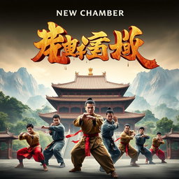 A visually striking movie poster for a film titled 'New Chamber', set in a traditional Shaolin temple