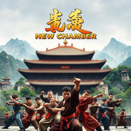 A visually striking movie poster for a film titled 'New Chamber', set in a traditional Shaolin temple