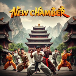 A visually striking movie poster for a film titled 'New Chamber', set in a traditional Shaolin temple