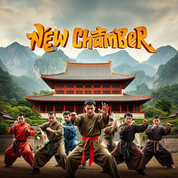 A visually striking movie poster for a film titled 'New Chamber', set in a traditional Shaolin temple