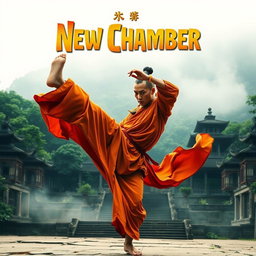 A dynamic movie poster for a martial arts film featuring a Shaolin monk in a dramatic pose, showcasing his graceful yet powerful movements