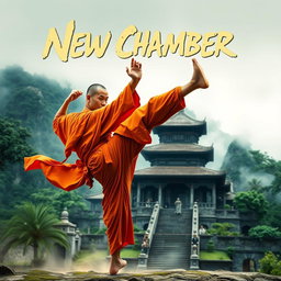 A dynamic movie poster for a martial arts film featuring a Shaolin monk in a dramatic pose, showcasing his graceful yet powerful movements