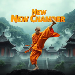 A dynamic movie poster for a martial arts film featuring a Shaolin monk in a dramatic pose, showcasing his graceful yet powerful movements