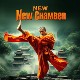 A dynamic movie poster for a martial arts film featuring a Shaolin monk in a dramatic pose, showcasing his graceful yet powerful movements