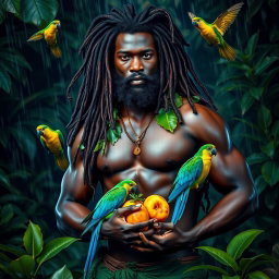 A sexy, oiled-up Greek god portrayed as a dark-skinned black man with striking dreadlock rasta hairstyle
