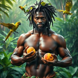 A sexy, oiled-up Greek god portrayed as a dark-skinned black man with striking dreadlock rasta hairstyle