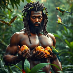 A sexy, oiled-up Greek god portrayed as a dark-skinned black man with striking dreadlock rasta hairstyle