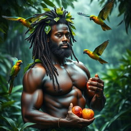 A sexy, oiled-up Greek god portrayed as a dark-skinned black man with striking dreadlock rasta hairstyle