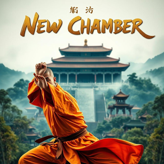 A captivating movie poster for a martial arts film titled 'New Chamber', featuring a heroic Shaolin monk poised in a powerful stance