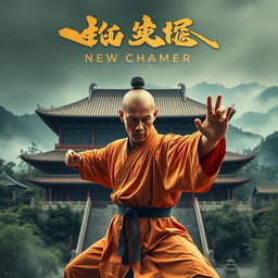 A captivating movie poster for a martial arts film titled 'New Chamber', featuring a heroic Shaolin monk poised in a powerful stance