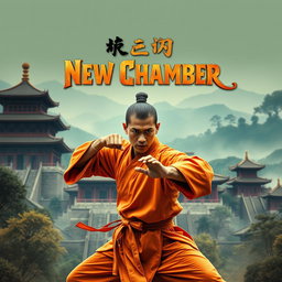 A captivating movie poster for a martial arts film titled 'New Chamber', featuring a heroic Shaolin monk poised in a powerful stance