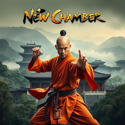 A captivating movie poster for a martial arts film titled 'New Chamber', featuring a heroic Shaolin monk poised in a powerful stance