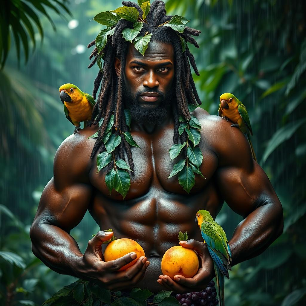 A sexy, oiled-up Greek god characterized as a dark-skinned black man with impressive dreadlock rasta hair