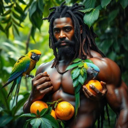 A sexy, oiled-up Greek god characterized as a dark-skinned black man with impressive dreadlock rasta hair