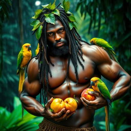 A sexy, oiled-up Greek god characterized as a dark-skinned black man with impressive dreadlock rasta hair