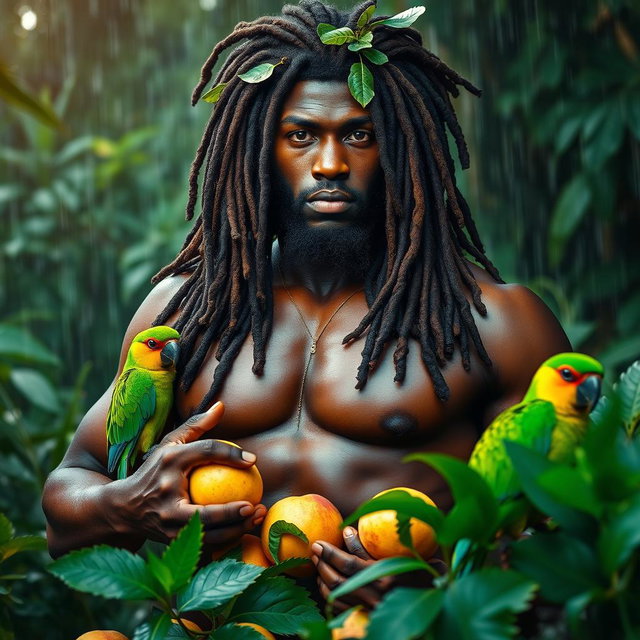 A sexy, oiled-up Greek god characterized as a dark-skinned black man with impressive dreadlock rasta hair
